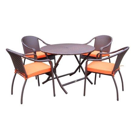PROPATION 5 Piece Cafe Curved Back Chairs & Folding Wicker Table Dining Set; Orange Cushion PR648417